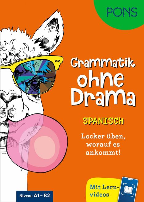 "Grammatik ohne Drama", Spanisch lernen, Niveau A1-B2. Illustration: Lama mit Sonnenbrille und Kaugummi.