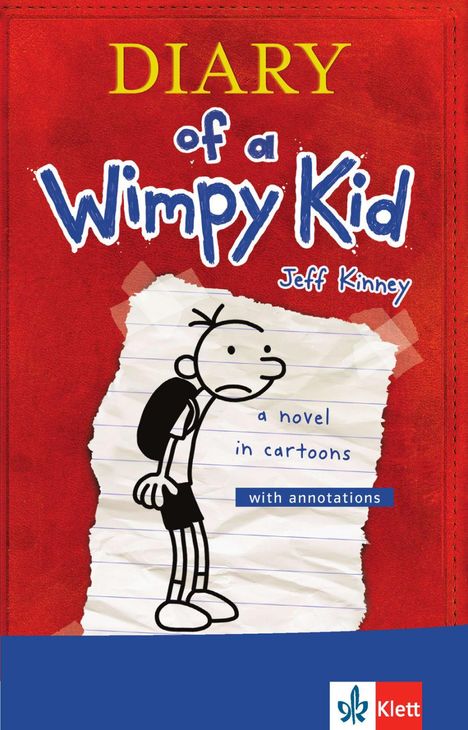 „DIARY of a Wimpy Kid“ von Jeff Kinney, Illustration: Junge mit Rucksack auf rotem Hintergrund. Klett-Logo unten.