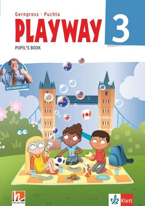 Text: "Gerngross • Puchta", "PLAYWAY 3", "Pupil’s Book", "With Grandpa Matt".   
Illustration: Drei Kinder beim Picknick, Tower Bridge im Hintergrund.