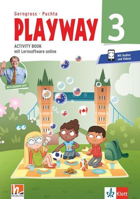 PLAYWAY 3. Activity Book mit Lernsoftware online. Illustration: Drei Kinder picknicken vor einer Brücke.