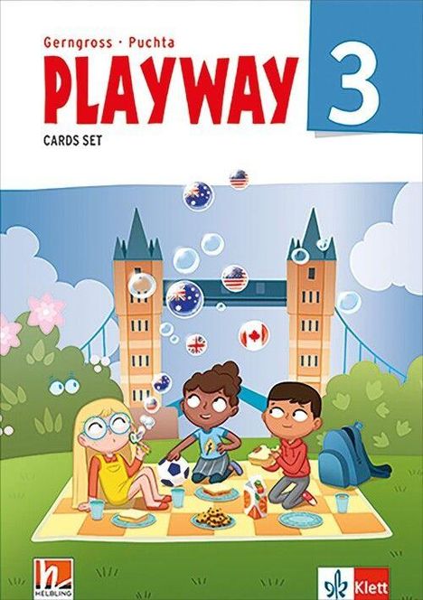 PLAYWAY 3, Cards Set. Drei Kinder picknicken vor Tower Bridge, Luftblasen mit Länderflaggen schweben umher.