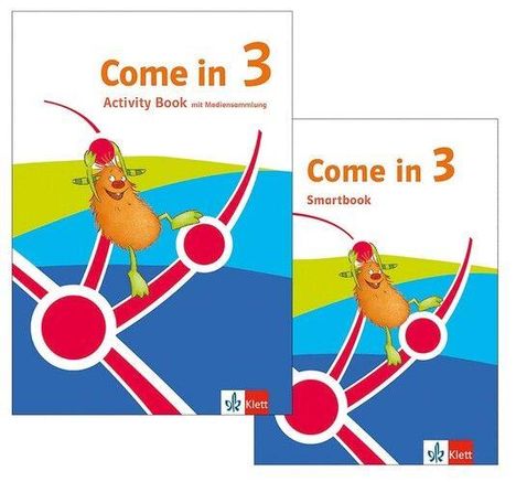 "Come in 3 Activity Book mit Mediensammlung" und "Come in 3 Smartbook". Illustration mit orangefarbenem Wesen auf grafischem Muster.