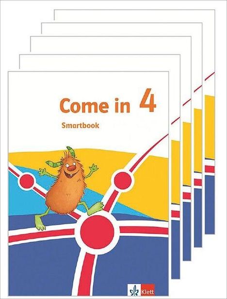 "Come in 4, Smartbook". Freundliche Illustration mit buntem, lächelndem Monster in einem geometrischen Design.