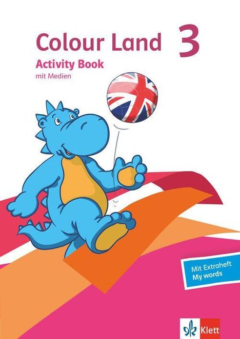 „Colour Land 3 Activity Book mit Medien“ in rotem und pinkem Text. Ein blauer Drache spielt mit einem Ball.