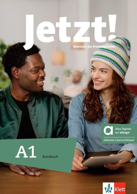 "Jetzt! Deutsch als Fremdsprache, A1 Kursbuch, Alles Digitale auf allango!" Zwei lächelnde Personen, Tablet in Hand.