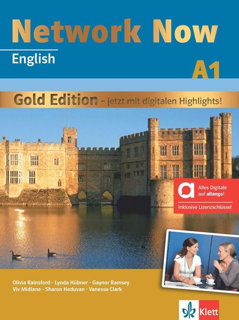Text: "Network Now English A1 Gold Edition – jetzt mit digitalen Highlights! Alles Digitale auf allango! Inklusive Lizenzschlüssel." Bild: Ein Schloss am See im Sonnenlicht. Unten rechts zwei Frauen im Gespräch mit Kaffeetassen. Logo: Klett.