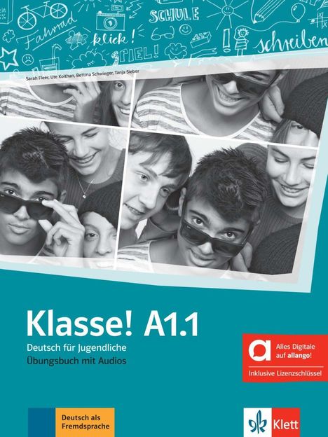 Texte: "Klasse! A1.1", "Deutsch für Jugendliche", "Übungsbuch mit Audios". Collage von fünf lachenden Jugendlichen.