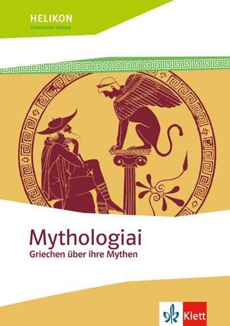"Mythologiai: Griechen über ihre Mythen" steht unter einem Szenenbild von Ödipus und der Sphinx in rötlichem Stil.