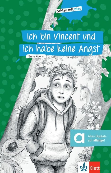 „Ich bin Vincent und ich habe keine Angst“, darunter „Enne Koens“. Illustration: Junge mit Rucksack, Tiere im Wald.