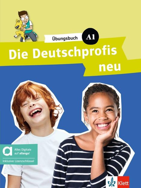 „Übungsbuch A1 Die Deutschprofis neu“. Zwei lachende Kinder, ein Junge und ein Mädchen, fröhlich nebeneinander. Logo von Klett.