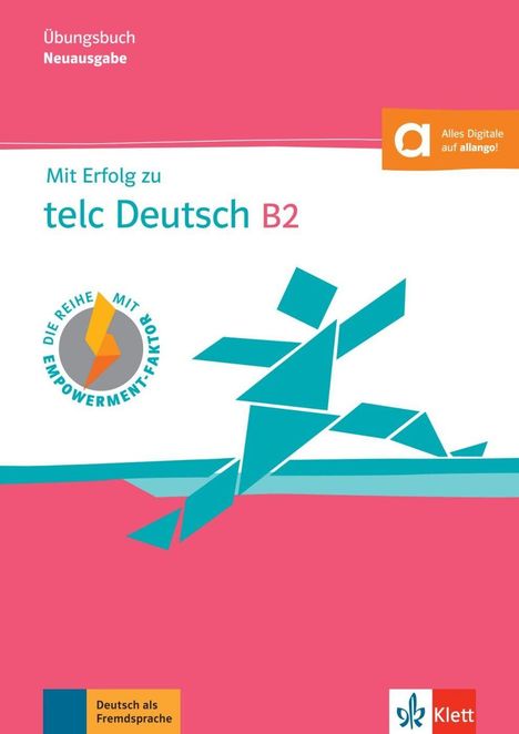 "Mit Erfolg zu telc Deutsch B2." Illustration: Person aus Dreiecken. Logo oben rechts und unten links.