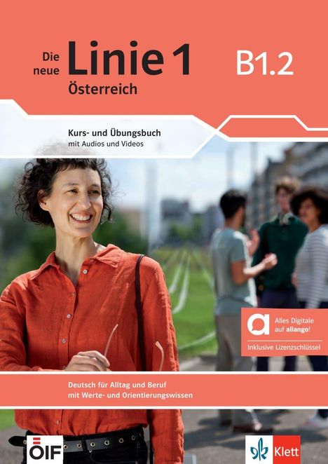 „Die neue Linie 1 Österreich B1.2“ Kursbuch. Eine lachende Frau in einem roten Hemd im Freien.