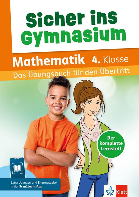 "Sicher ins Gymnasium", "Mathematik 4. Klasse", Bild eines lächelnden Jungen und einer Illustration eines Mädchens.