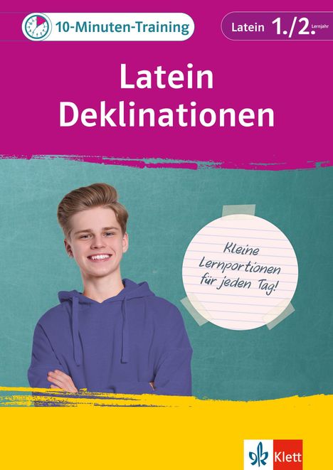 Logo mit Text: "10-Minuten-Training", "Latein 1./2. Lernjahr", "Latein Deklinationen". Junge im violetten Hoodie.