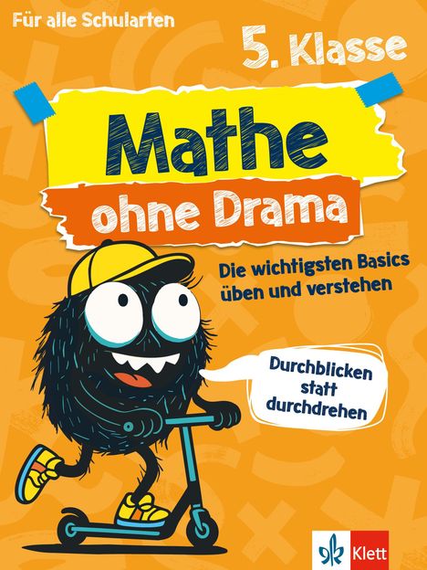 „Für alle Schularten 5. Klasse. Mathe ohne Drama. Durchblicken statt durchdrehen." Illustration: schwarzes Fellwesen auf Roller.