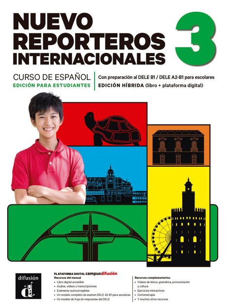 Titel: NUEVO REPORTEROS INTERNACIONALES 3. Ein Junge in Rot lächelt, umgeben von bunten Grafiken mit Gebäuden.
