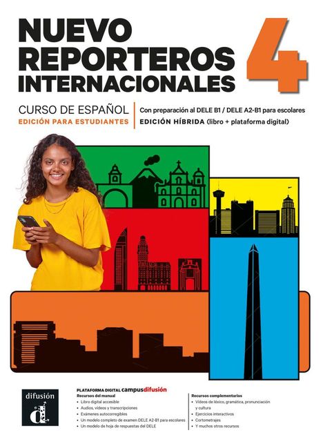 Titel: "Nuevo Reporteros Internacionales 4". Ein fröhliches Mädchen mit Smartphone vor bunten Gebäuden und Landschaftsillustrationen.