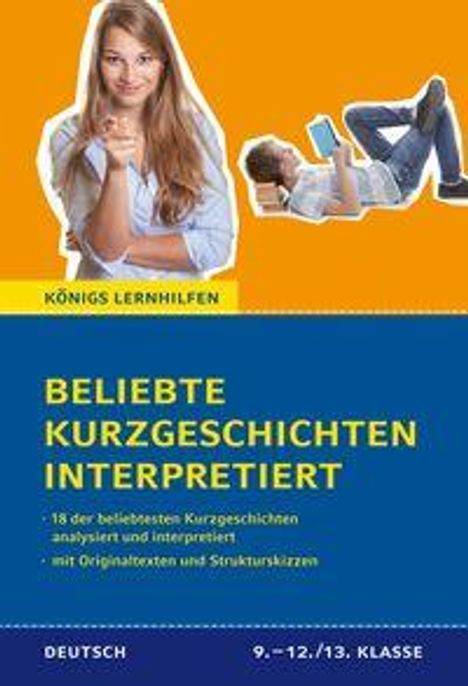 Oben: "KÖNIGS LERNHILFEN". Mitte: "BELIEBTE KURZGESCHICHTEN INTERPRETIERT", Inhalte und Klassenstufen. Frauen und Männerbild.