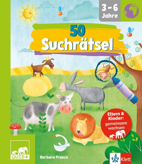 "50 Suchrätsel", "Eltern & Kinder: gemeinsam wachsen", "3-6 Jahre". Illustrationen von Tieren auf einem Feld.
