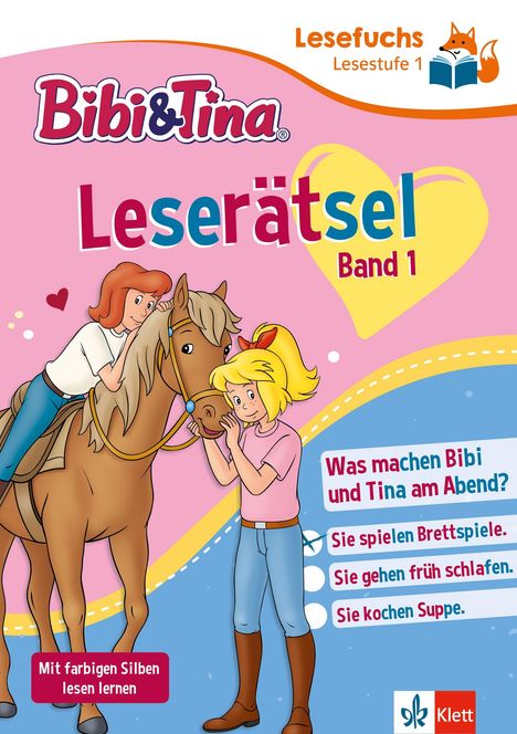 Der Titel "Bibi & Tina Leserätsel, Band 1" steht oben. Zwei Mädchen und ein Pferd sind freundlich gezeichnet.