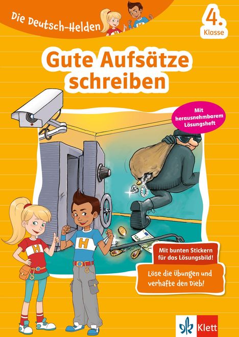 "Gute Aufsätze schreiben", "Mit herausnehmbarem Lösungsheft". Illustration: Zwei Kinder vor einem Einbruchsszenario.