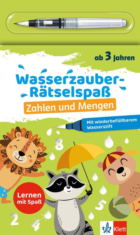 "Wasserzauber-Rätselspaß, Zahlen und Mengen, Mit wiederbefüllbarem Wasserstift, ab 3 Jahren." Illustrationen von Tieren.
