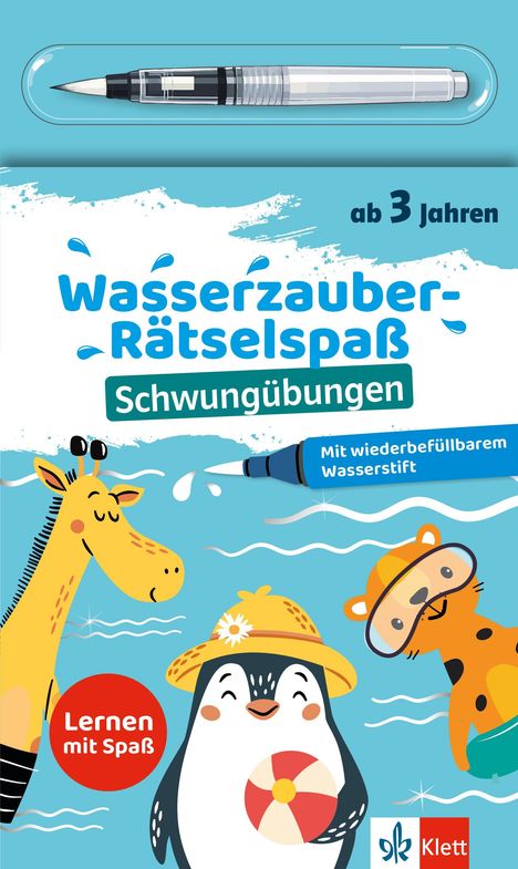 „Wasserzauber-R Rätselspaß Schwungübungen“ steht auf einem blauen Cover mit einem Pinguin, einer Giraffe und einem Otter.