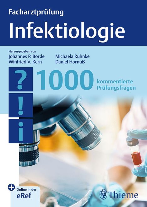 „Facharztprüfung Infektiologie“ zeigt ein Mikroskop und eine behandschuhte Hand mit Reagenzglas.