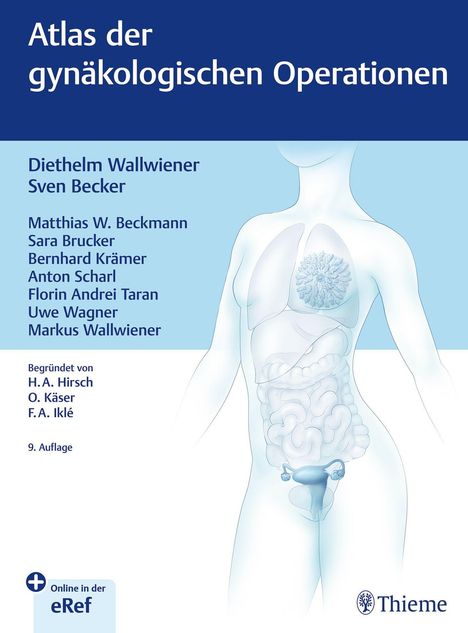 „Atlas der gynäkologischen Operationen“, Autoren sind Diethelm Wallwiener und Sven Becker. Illustration eines weiblichen Körpers.
