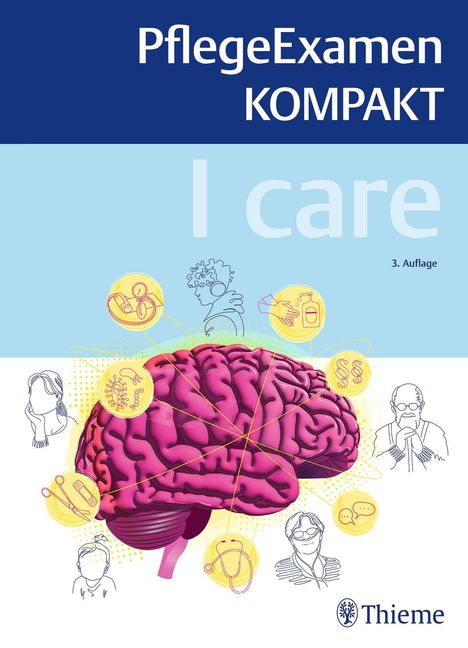 Text: "PflegeExamen KOMPAKT," "I care," "3. Auflage," "Thieme". Illustration eines Gehirns mit Symbolen und Personen.