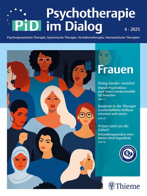"Psychotherapie im Dialog 4·2025, Frauen. Artikel: Doing Gender, Kontexte in der Therapie, Krisen rund um die Geburt. Illustration von Frauen."