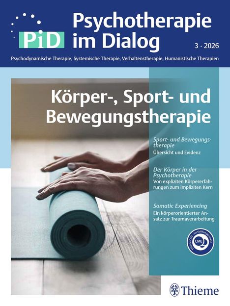 „Körper-, Sport- und Bewegungstherapie“. Oben: „Psychotherapie im Dialog“. Hände rollen eine Yogamatte aus.