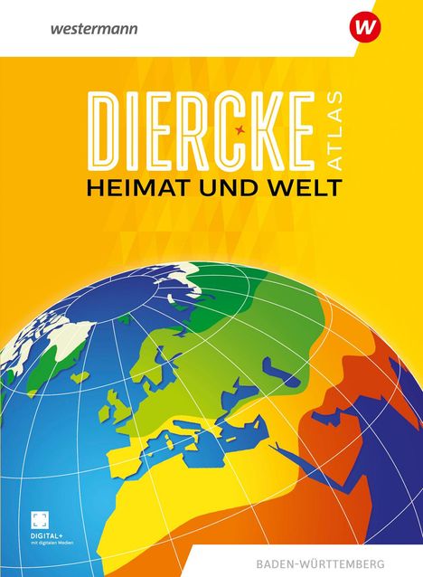 „DIERCKE ATLAS HEIMAT UND WELT“, zeigt bunte Weltkarte, gelber Hintergrund, südwestliches Europa im Fokus.