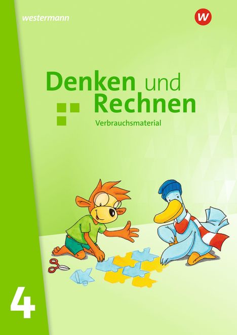 "Denken und Rechnen, Verbrauchsmaterial." Ein Affe und eine Ente spielen mit Puzzleteilen. Ziffer "4" unten links.