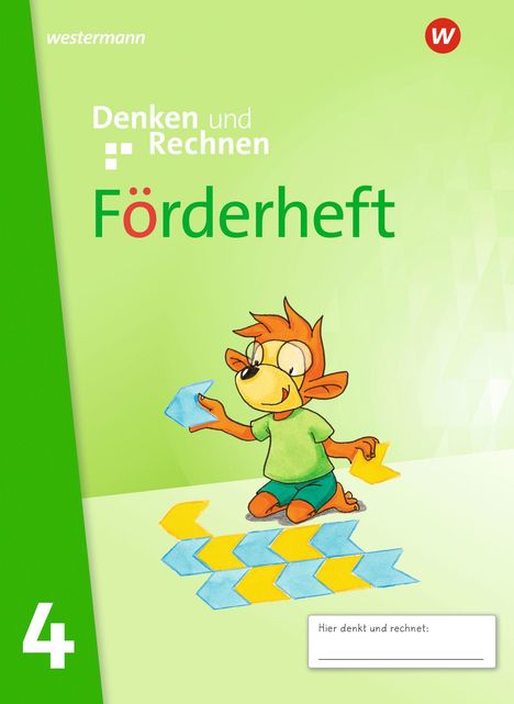 „Denken und Rechnen Förderheft 4“. Illustration eines Tieres mit geometrischen Formen auf grünem Hintergrund.