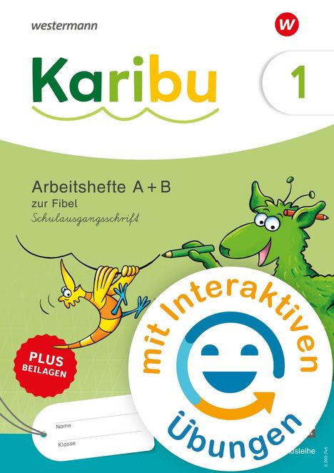 „Karibu 1“, „Arbeitshefte A + B zur Fibel“, „mit interaktiven Übungen“. Bunte Illustration mit einem Vogel und einem grünen Tier.