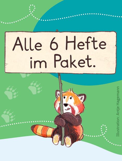 „Alle 6 Hefte im Paket.“ Ein roter Panda hält ein Schild. Grüne und blaue Hintergrundfarben mit Pfotenabdrücken.