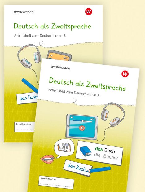 Zwei Arbeitshefte, betitelt "Deutsch als Zweitsprache" mit Bildern von Kopfhörern, einem Tablet, einem Buch, Mund und Stift.