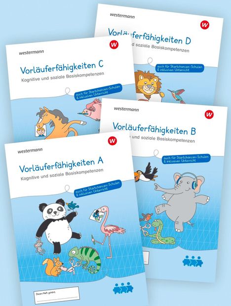 „Vorläuferfähigkeiten A-D, Kognitive und soziale Basiskompetenzen“; bunte Tierillustrationen auf blauen Covern.