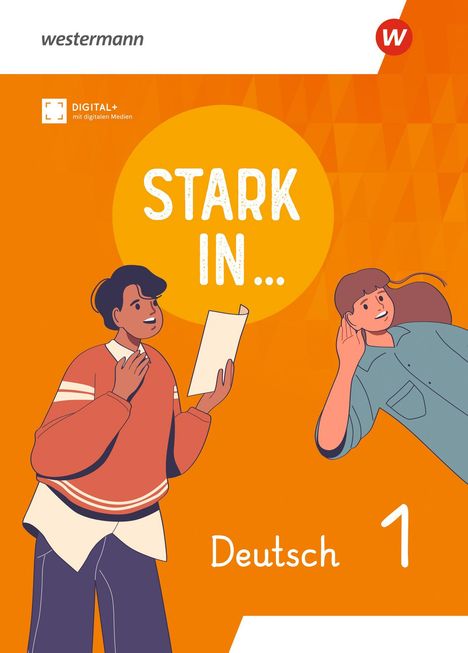 „STARK IN... Deutsch 1“: Illustration von zwei Personen auf orangefarbenem Hintergrund, eine liest, die andere hört zu.