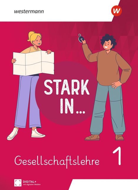 „STARK IN... Gesellschaftslehre 1“. Illustration: Eine Person hält eine Karte, eine andere zeigt einen Kompass.