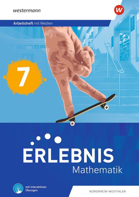 Logo Westermann, "Erlebnis Mathematik", "Arbeit Heft mit Medien", eine Hand mit Fingerskateboard vor Treppenhaus.
