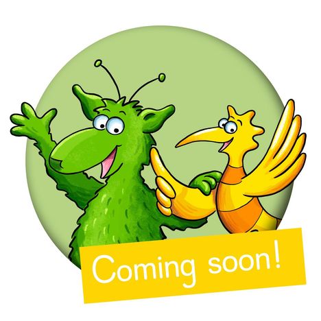 "Coming soon!" steht vor zwei freundlichen Cartoon-Figuren: ein grünes Monster und ein gelber Vogel vor grünem Hintergrund.