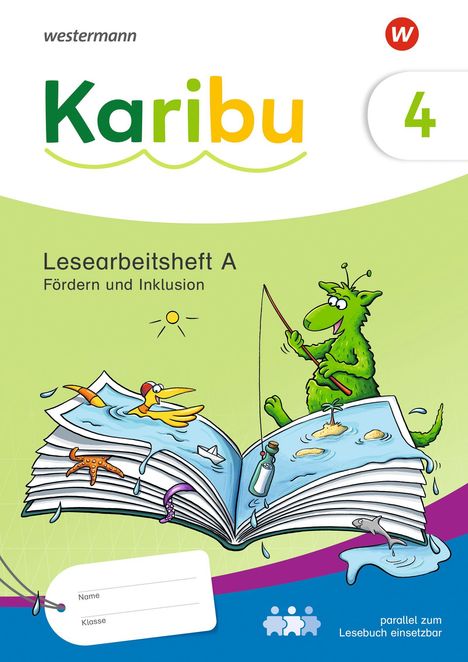 "Karibu 4", "Lesearbeitsheft A", "Fördern und Inklusion". Illustration: Ein Buch, aus dem Wasser und Figuren fließen.