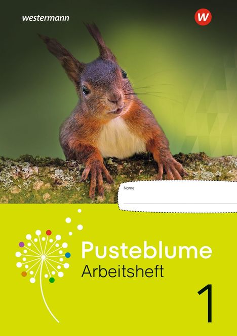 "Pusteblume Arbeitsheft 1" steht unter einem Eichhörnchen auf einem Ast. Grüner Hintergrund mit Logo oben rechts.