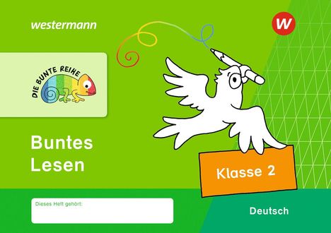 „Buntes Lesen Klasse 2 Deutsch”. Ein Cartoon-Vogel mit Stift und Chamäleon-Logo auf grünem Hintergrund.