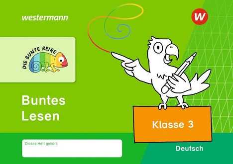 "Buntes Lesen", "Klasse 3", "Deutsch"; Papagei mit Bleistift und ein Chamäleon-Logo. Grünen Hintergrund.