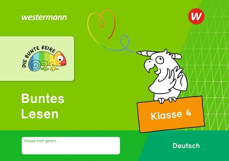 Text: "Die bunte Reihe", "Buntes Lesen", "Dieses Heft gehört:", "Klasse 4", "Deutsch". 

Grünes Design mit Papagei und Chamäleon.