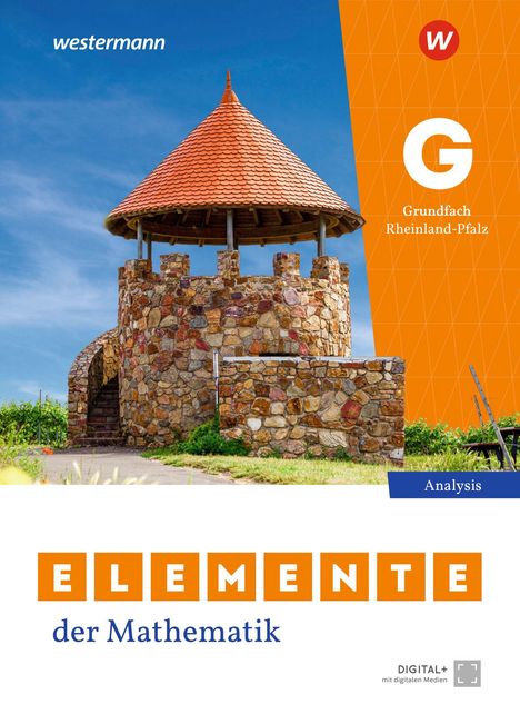 „ELEMENTE der Mathematik“ steht über einem Rundturm aus Stein mit spitzer, ziegelroter Kuppel unter blauem Himmel.
