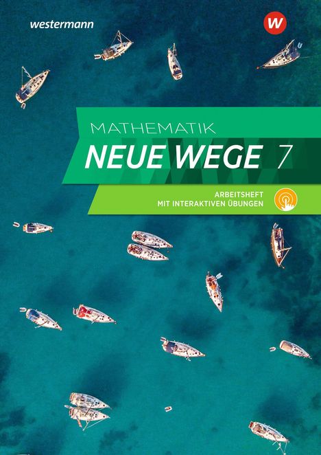 "Mathematik Neue Wege 7" auf grünem Hintergrund. Segelboote auf türkisfarbenem Wasser aus der Vogelperspektive.